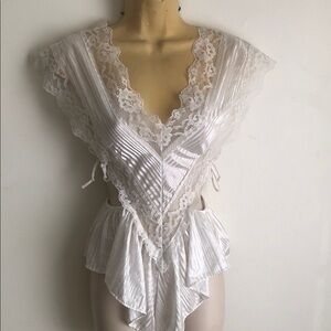 Delicate White Lace-Trim Satin Chemise Bodysuit